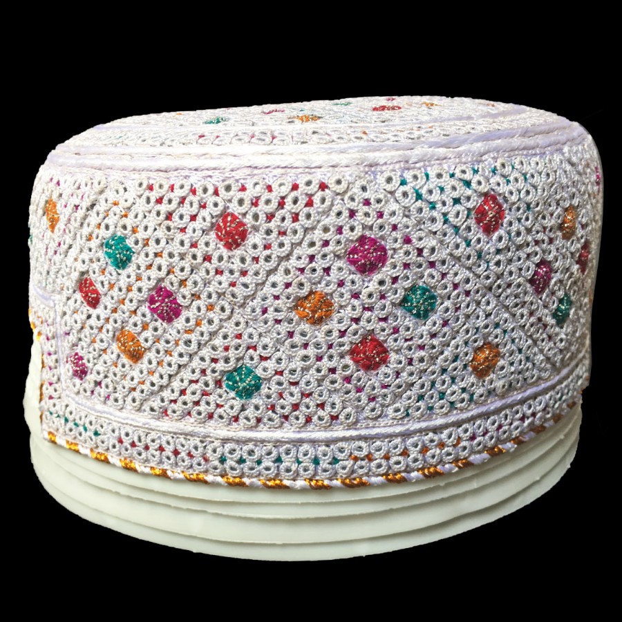 White Ghotki Yaqoobi Zardari Cap or Topi MKC-857